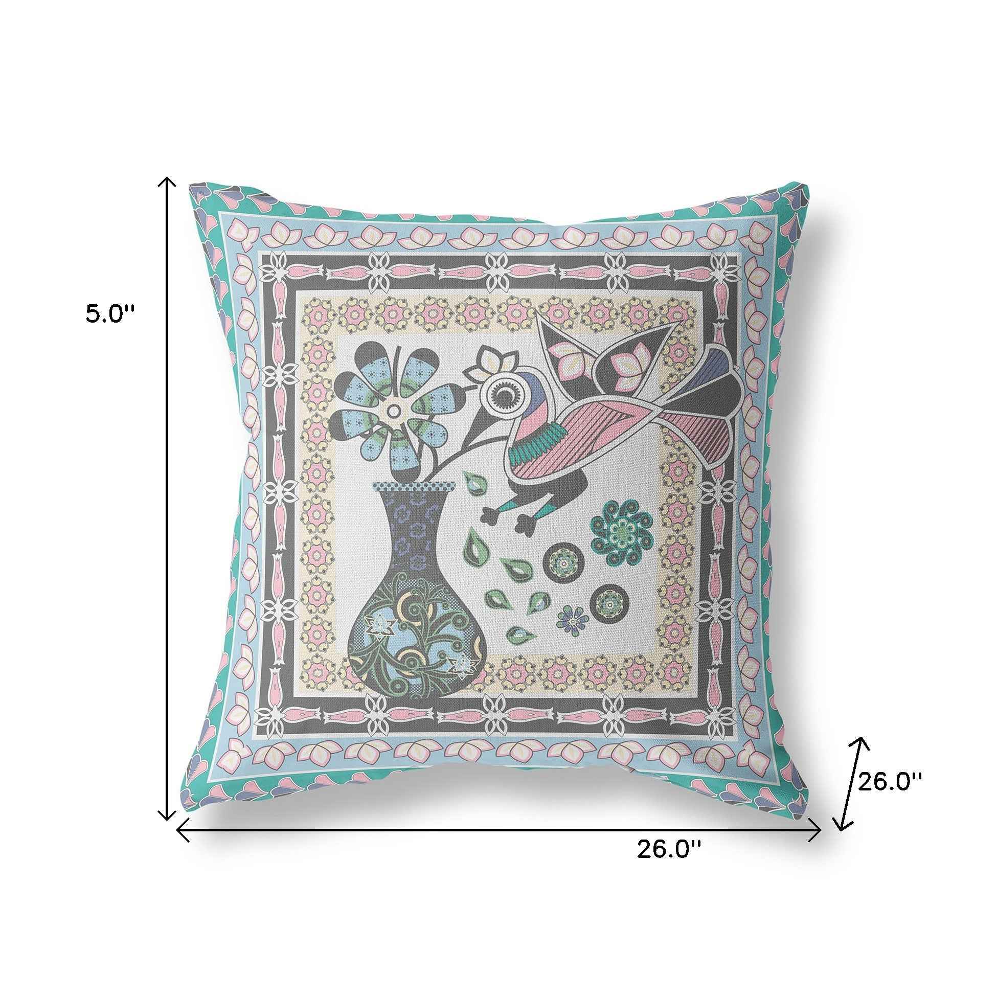 26" x 26" Gray Peacock Blown Seam Floral Indoor Outdoor Throw Pillow