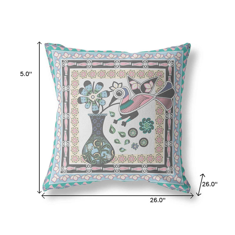 26" x 26" Gray Peacock Blown Seam Floral Indoor Outdoor Throw Pillow