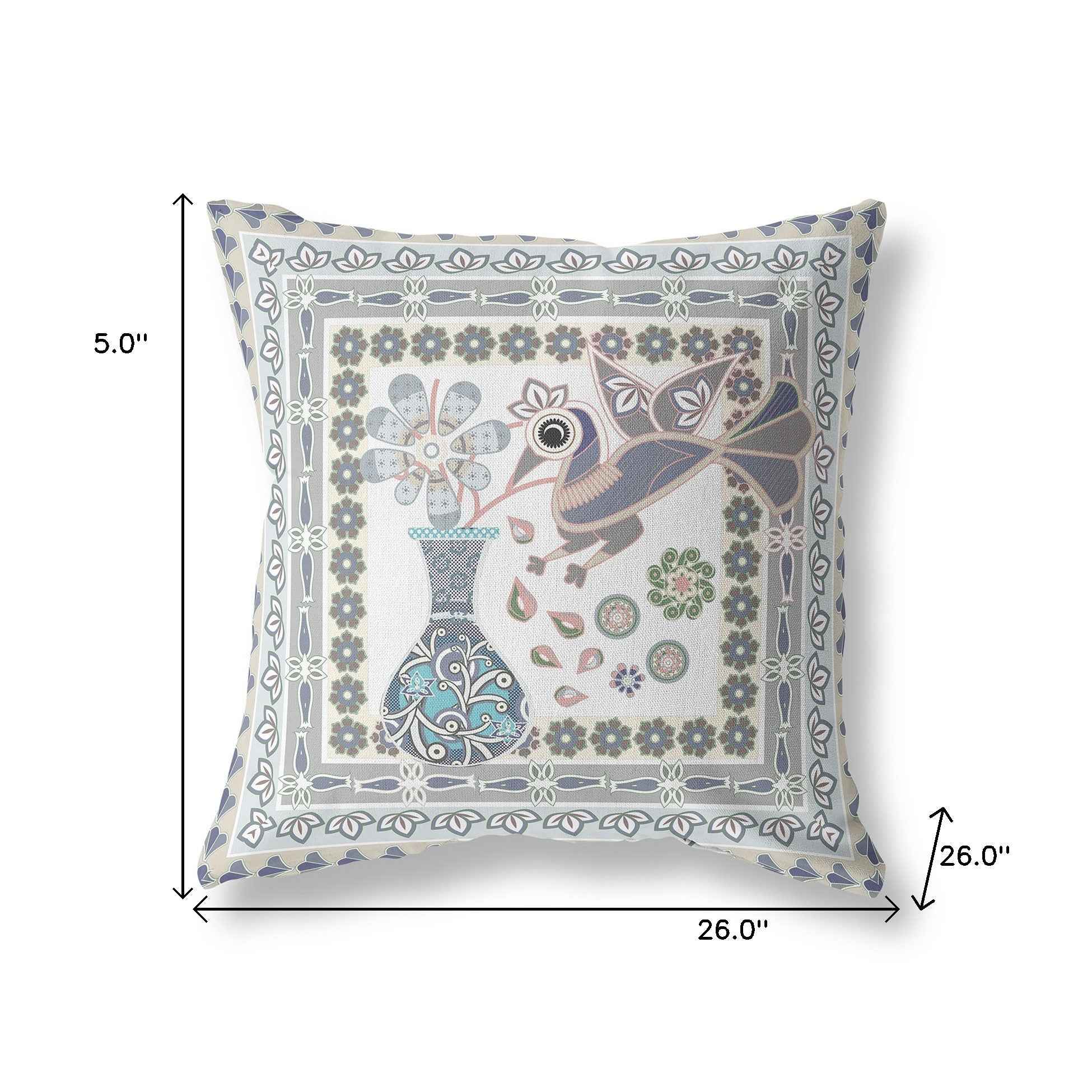 26" x 26" Gray Peacock Blown Seam Floral Indoor Outdoor Throw Pillow