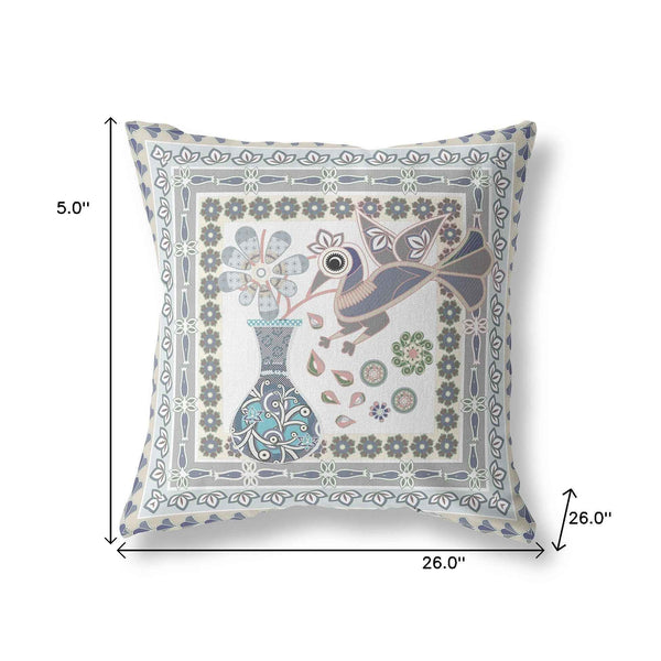 26" x 26" Gray Peacock Blown Seam Floral Indoor Outdoor Throw Pillow