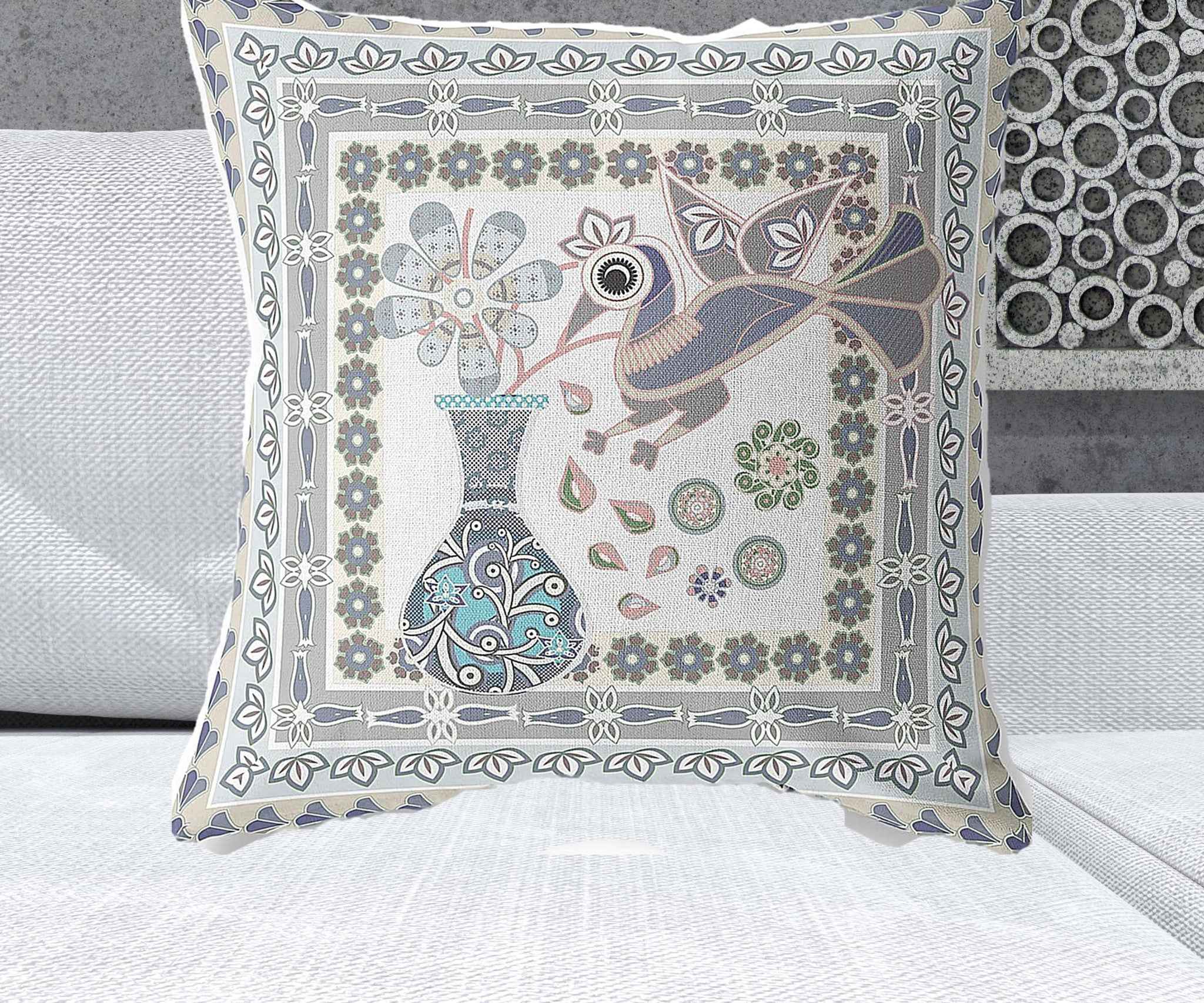 26" x 26" Gray Peacock Blown Seam Floral Indoor Outdoor Throw Pillow