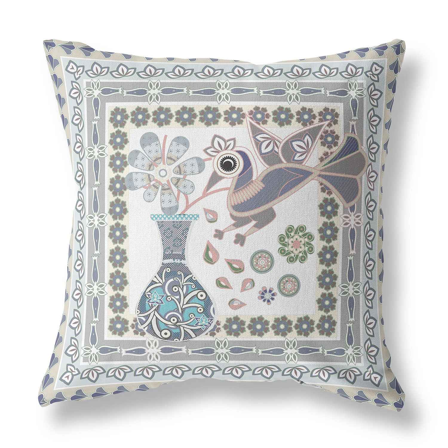 26" x 26" Gray Peacock Blown Seam Floral Indoor Outdoor Throw Pillow