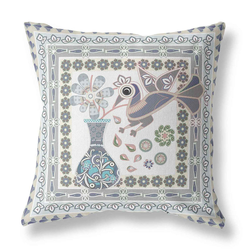 26" x 26" Gray Peacock Blown Seam Floral Indoor Outdoor Throw Pillow