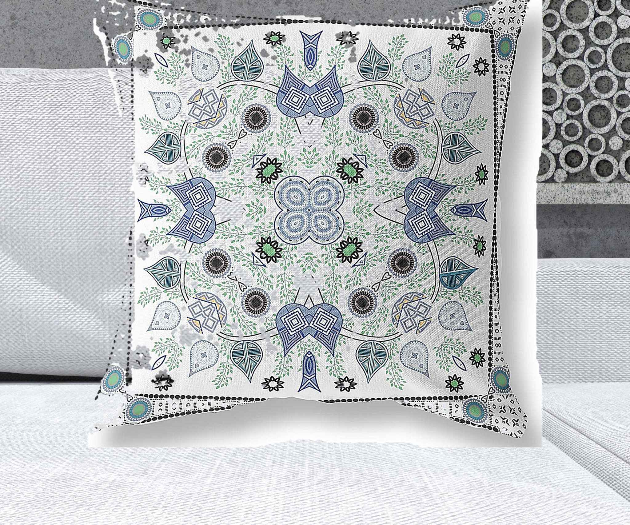 26" x 26" Blue and Off White Blown Seam Paisley Indoor Outdoor Throw Pillow