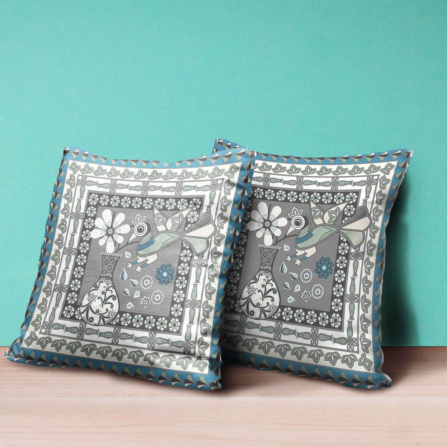 20" x 20" Gray and White Peacock Blown Seam Floral Indoor Outdoor Throw Pillow