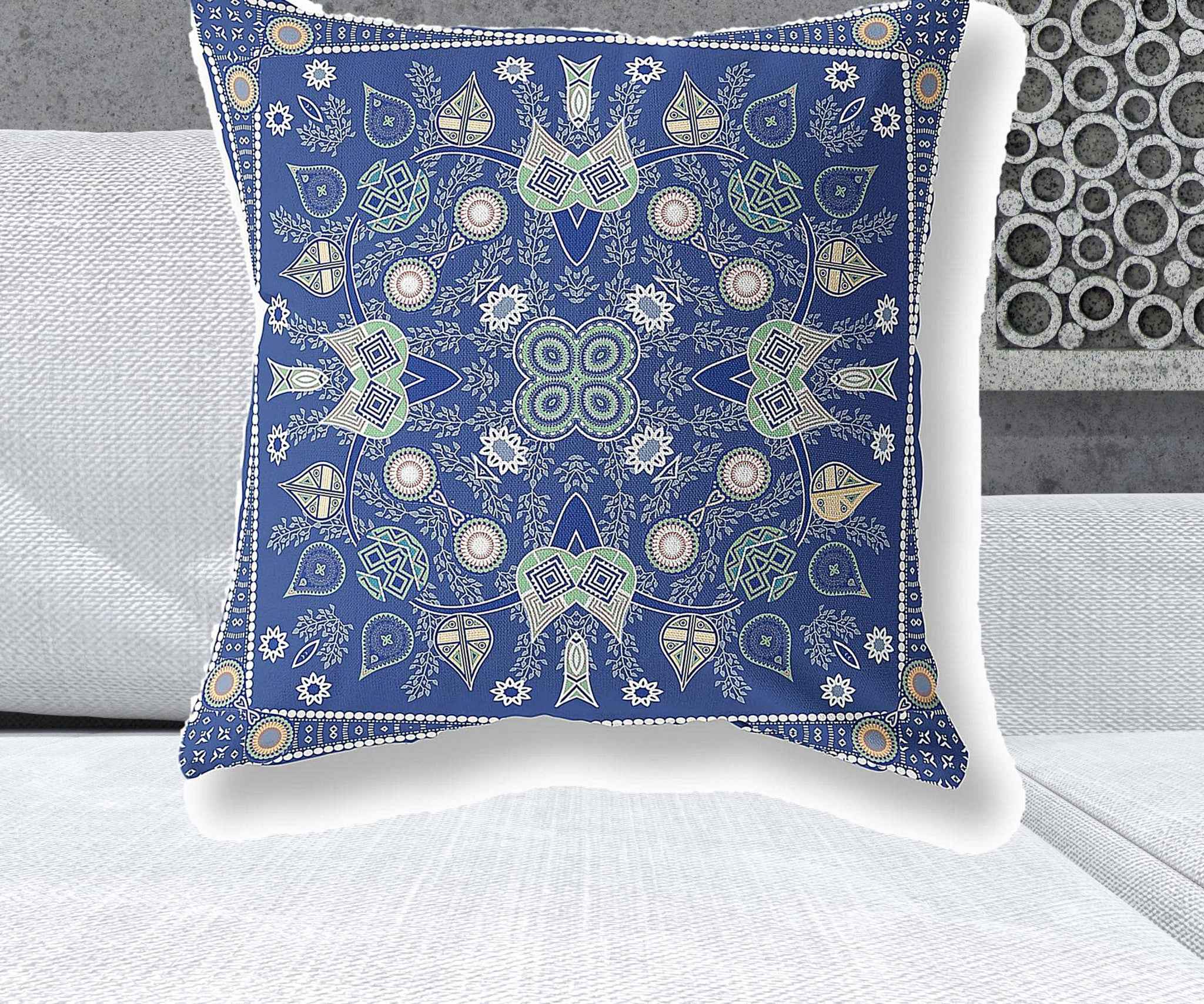 26" X 26" Midnight White Blown Seam Floral Indoor Outdoor Throw Pillow