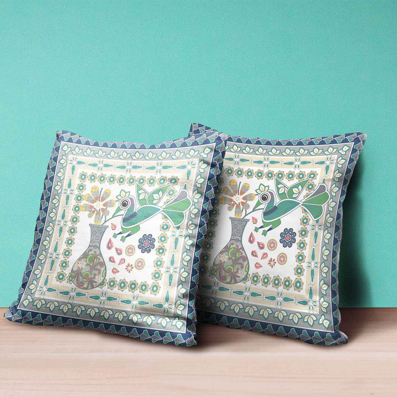 16" X 16" Cream And Yellow Bird Blown Seam Abstract Indoor Outdoor Throw Pillow