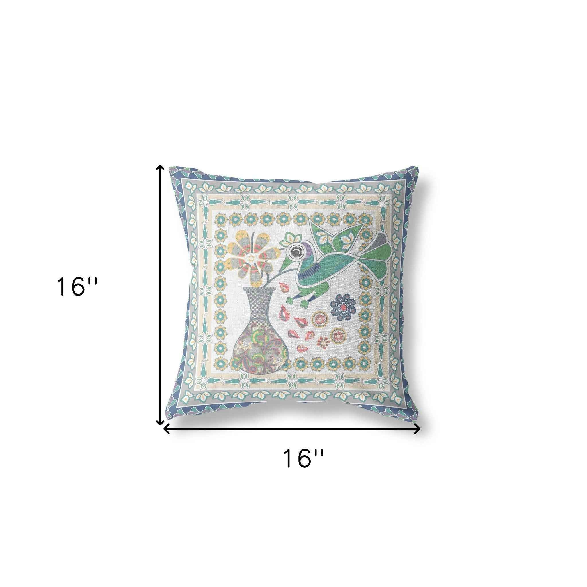 16" X 16" Cream And Yellow Bird Blown Seam Abstract Indoor Outdoor Throw Pillow