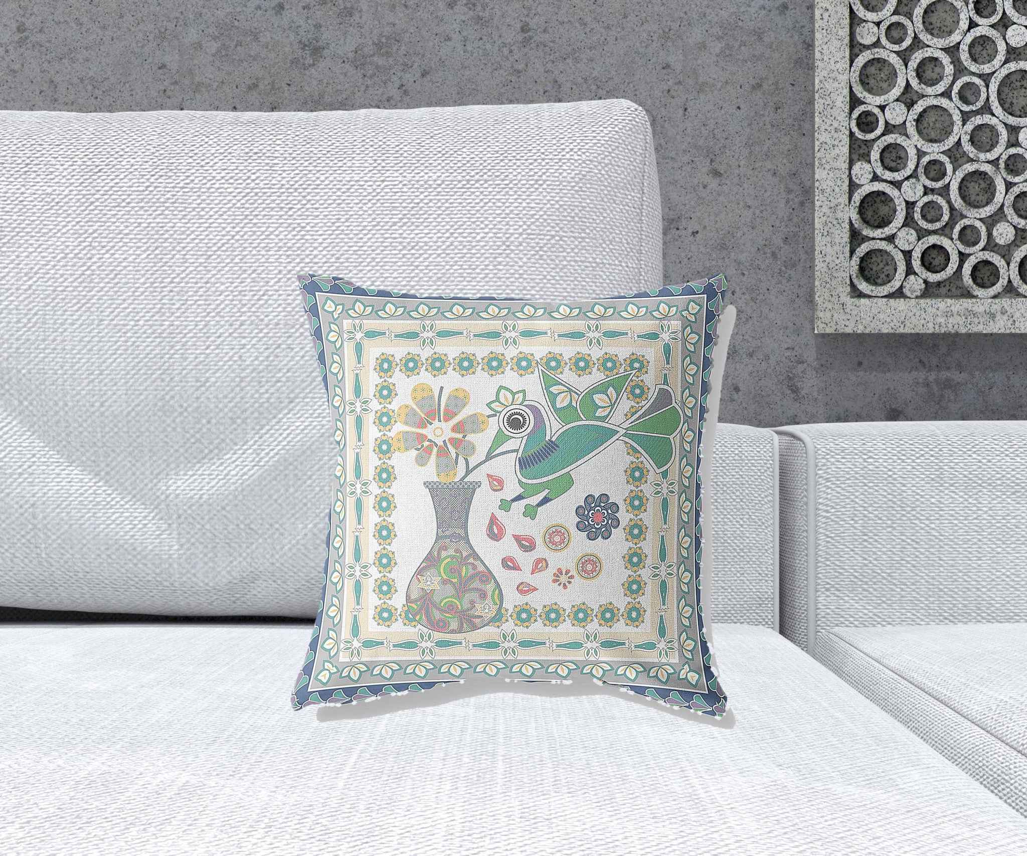 16" X 16" Cream And Yellow Bird Blown Seam Abstract Indoor Outdoor Throw Pillow