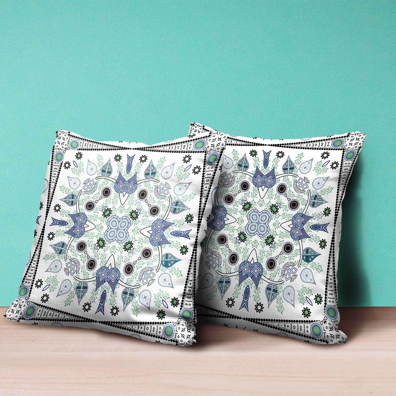 18" x 18" Blue and Off White Blown Seam Paisley Indoor Outdoor Throw Pillow