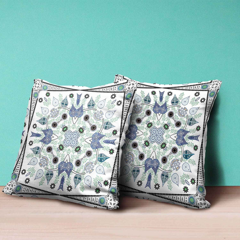 18" x 18" Blue and Off White Blown Seam Paisley Indoor Outdoor Throw Pillow