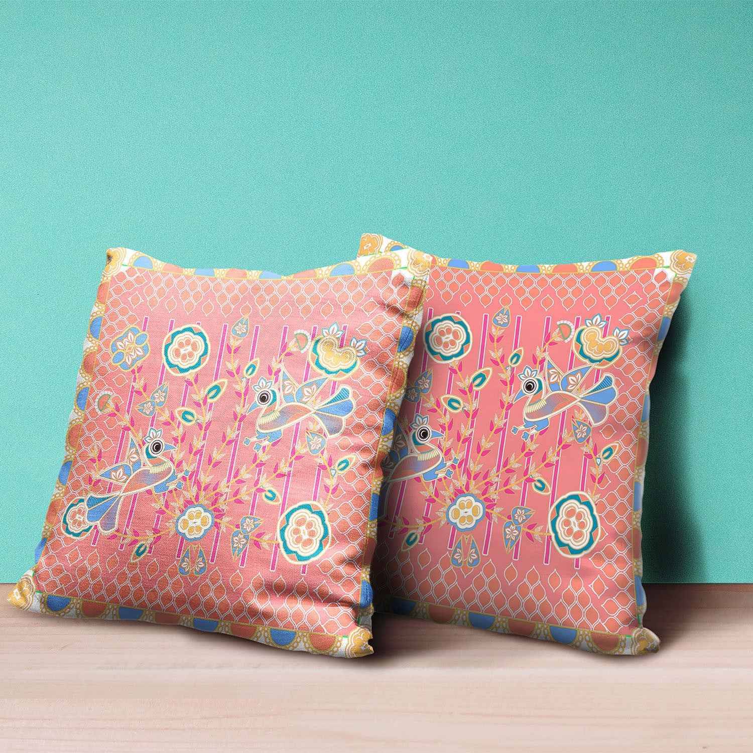 20" X 20" Peach And Blue Bird Blown Seam Floral Indoor Outdoor Throw Pillow