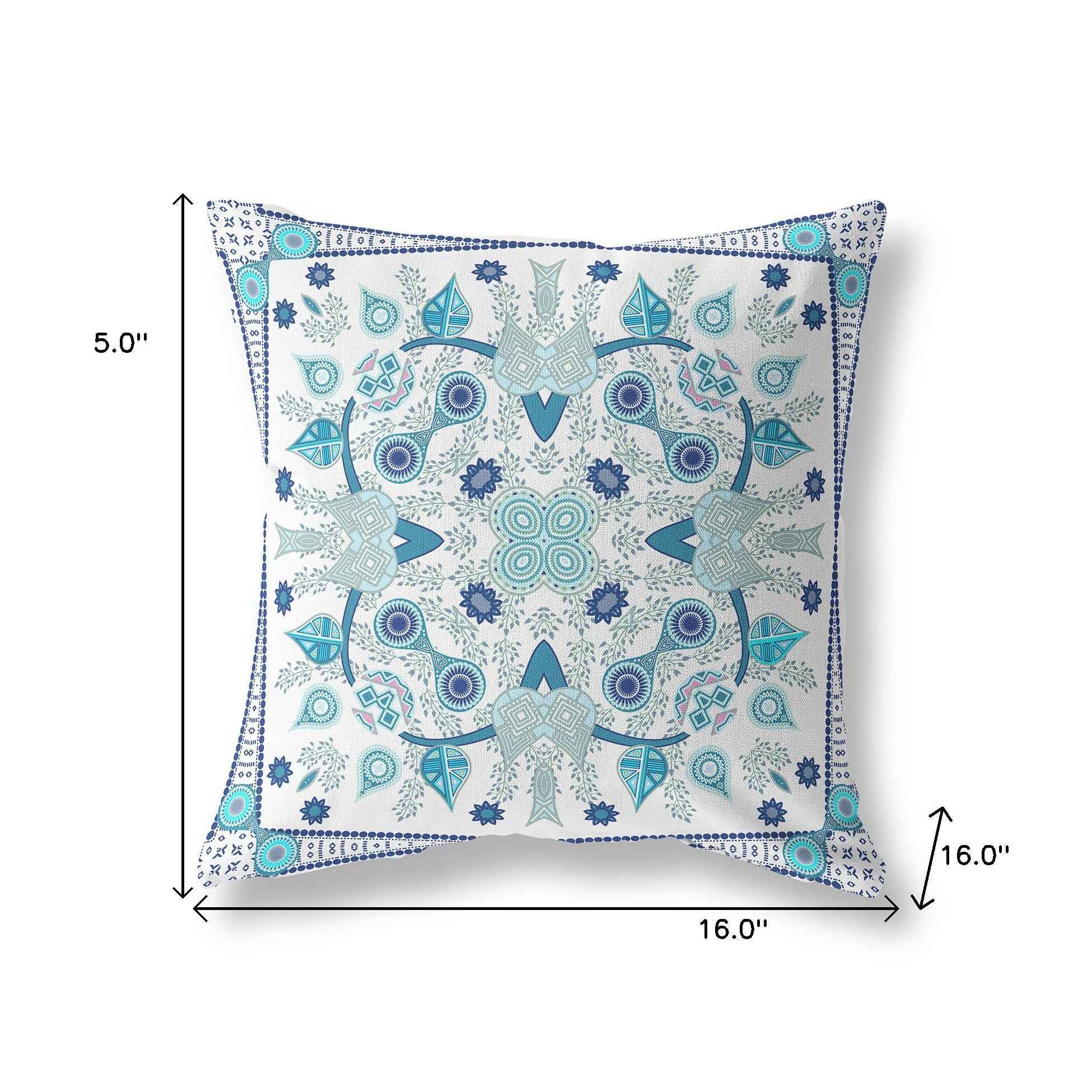 16" x 16" Blue and White Blown Seam Paisley Indoor Outdoor Throw Pillow