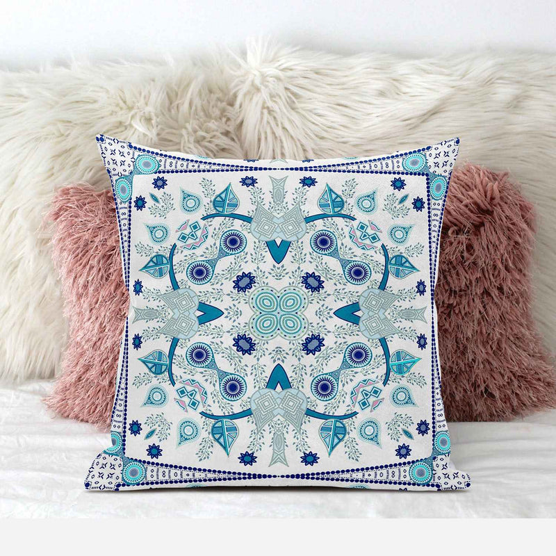 16" x 16" Blue and White Blown Seam Paisley Indoor Outdoor Throw Pillow