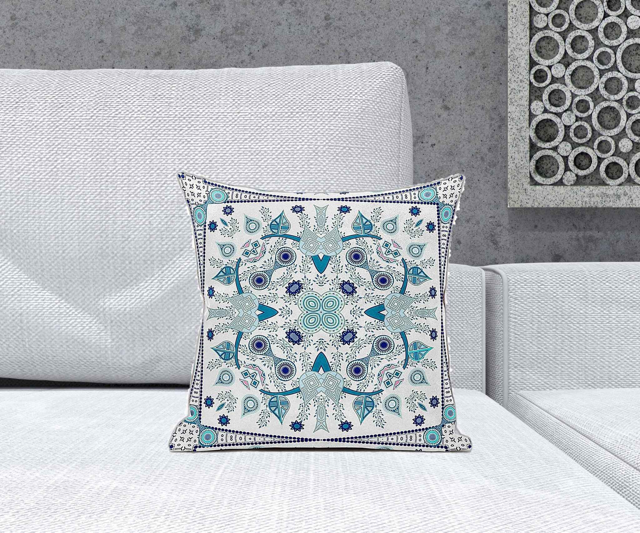 16" x 16" Blue and White Blown Seam Paisley Indoor Outdoor Throw Pillow