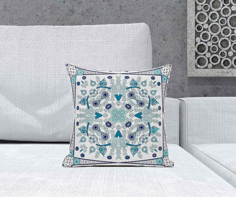16" x 16" Blue and White Blown Seam Paisley Indoor Outdoor Throw Pillow