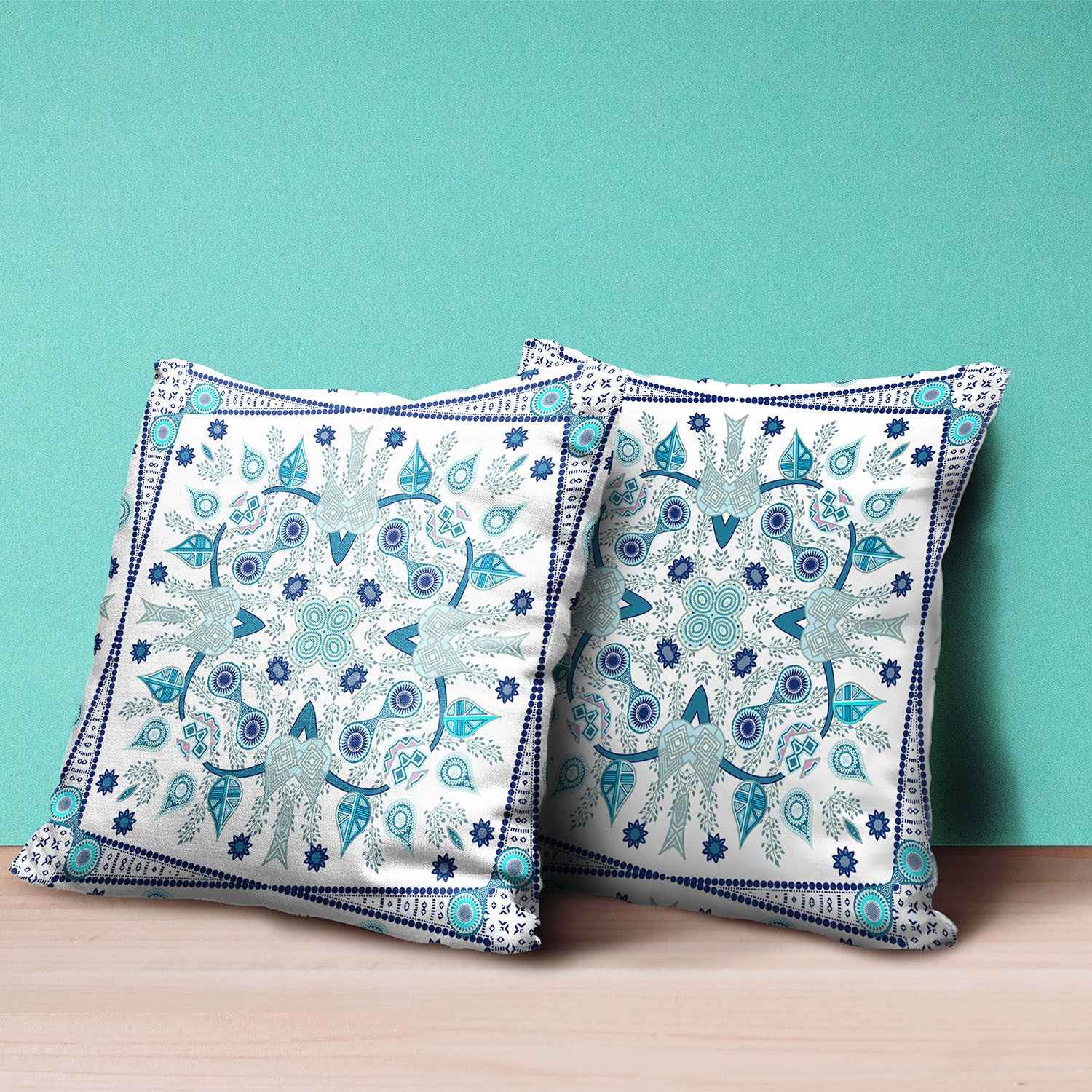 16" x 16" Blue and White Blown Seam Paisley Indoor Outdoor Throw Pillow