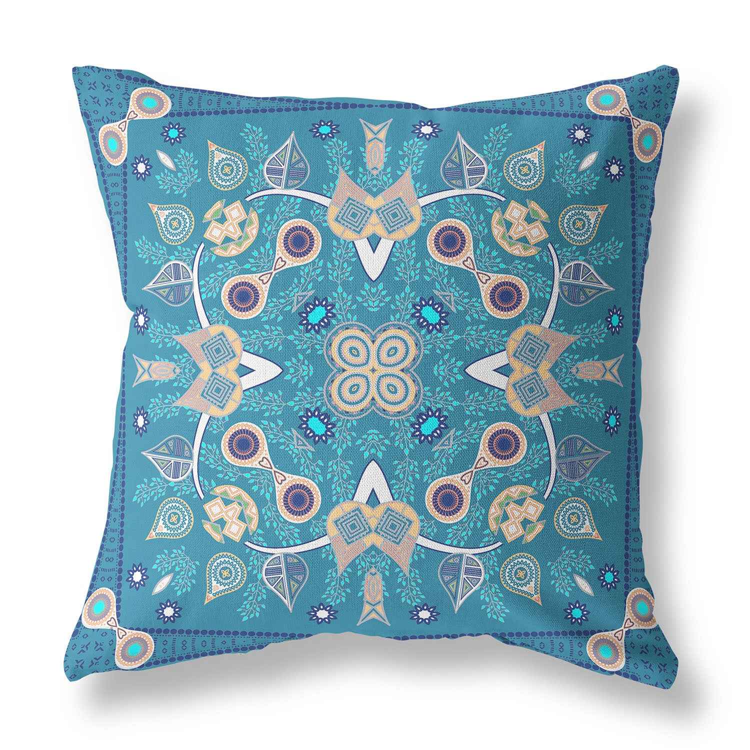 16" X 16" Blue And Beige Blown Seam Floral Indoor Outdoor Throw Pillow