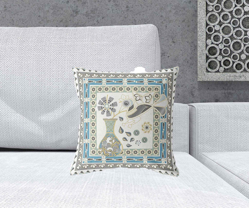16" x 16" Off White Peacock Blown Seam Floral Indoor Outdoor Throw Pillow