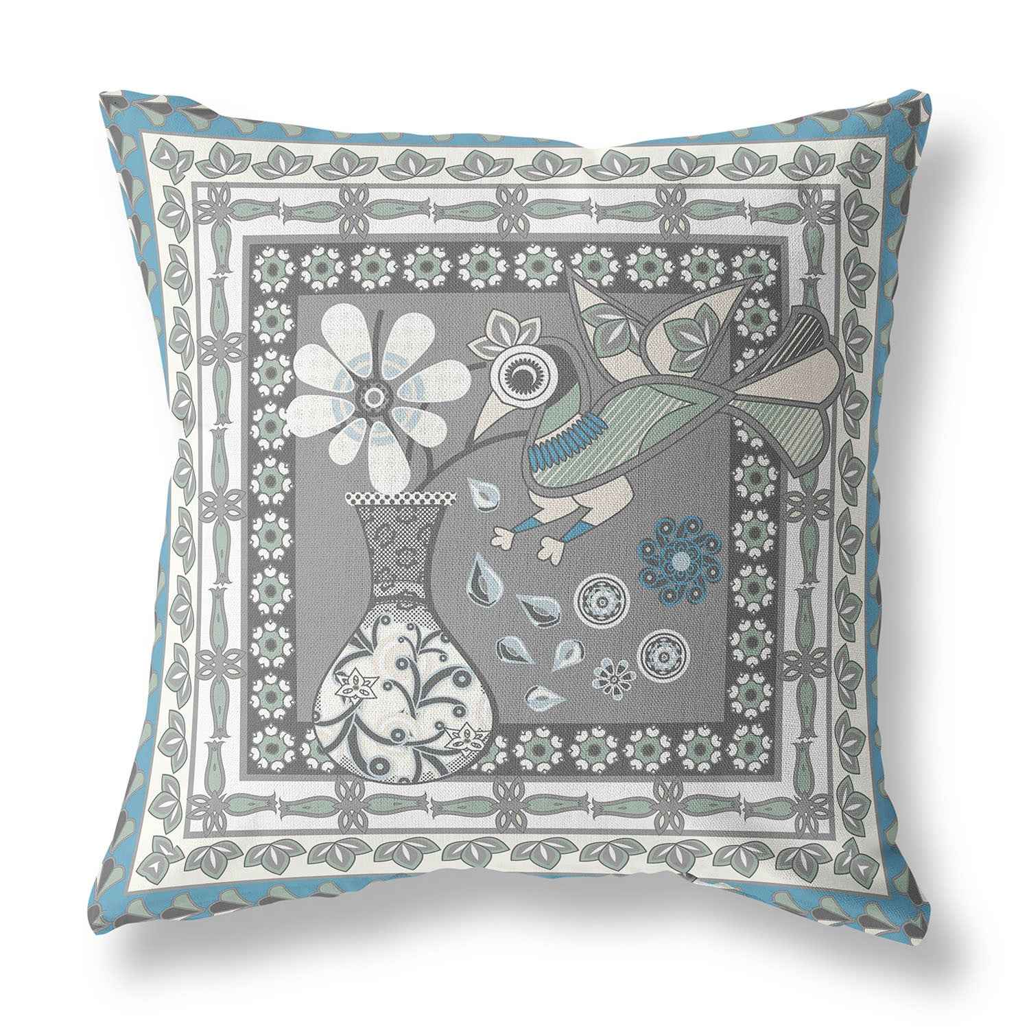16" x 16" Gray and White Peacock Blown Seam Floral Indoor Outdoor Throw Pillow