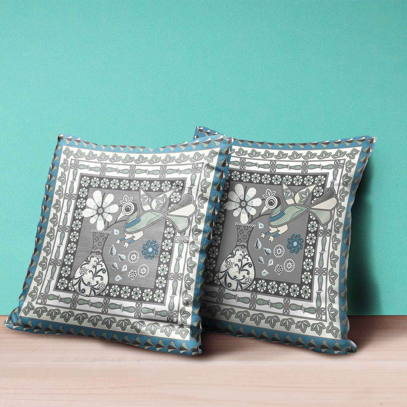 16" x 16" Gray and White Peacock Blown Seam Floral Indoor Outdoor Throw Pillow