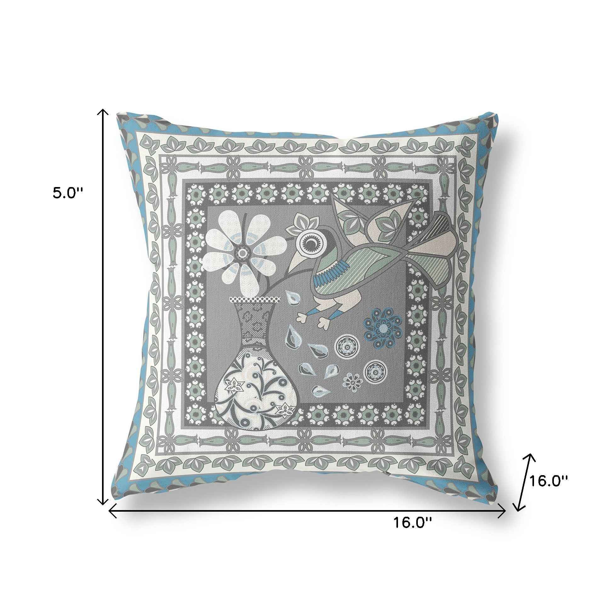 16" x 16" Gray and White Peacock Blown Seam Floral Indoor Outdoor Throw Pillow