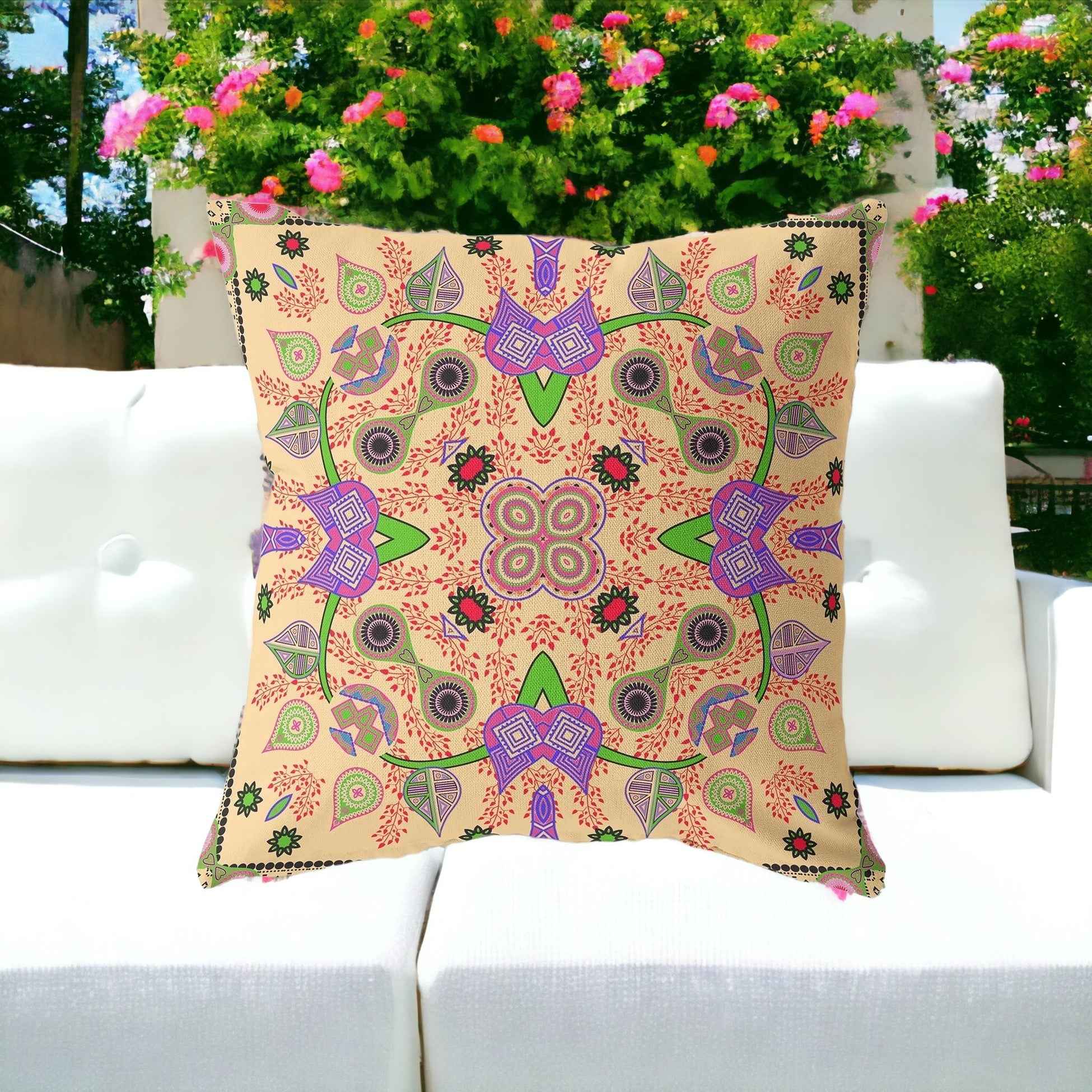 26" X 26" Beige and Green Blown Seam Paisley Indoor Outdoor Throw Pillow