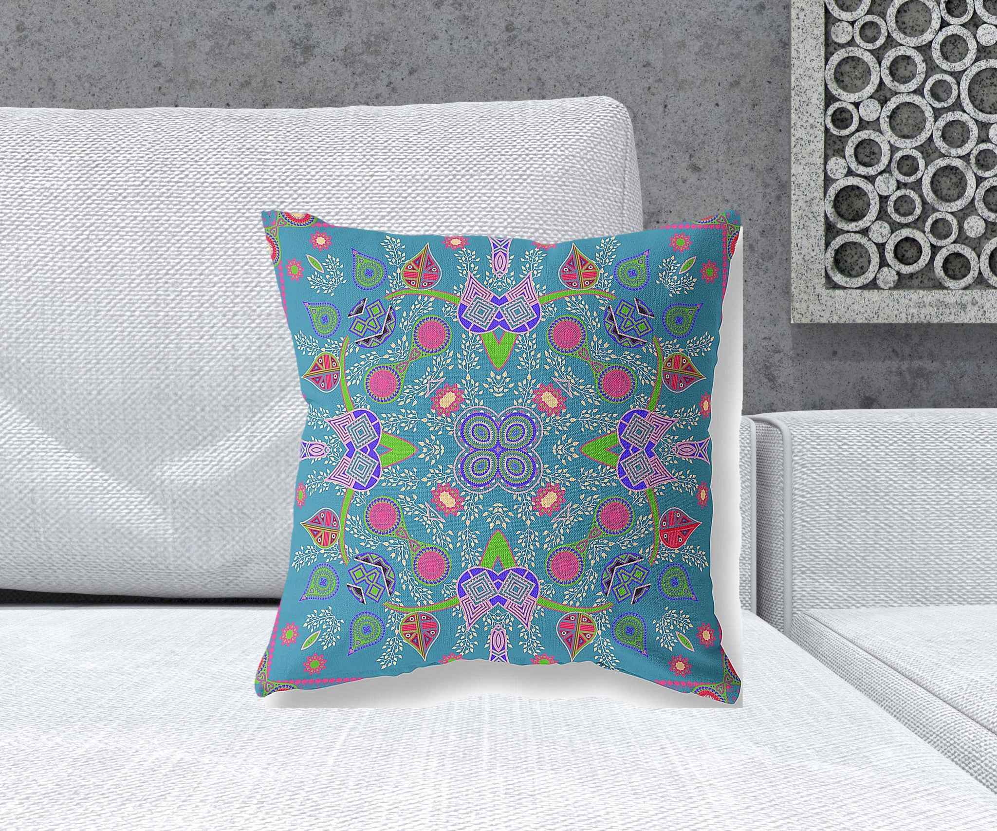 18" x 18" Blue and Green Blown Seam Paisley Indoor Outdoor Throw Pillow