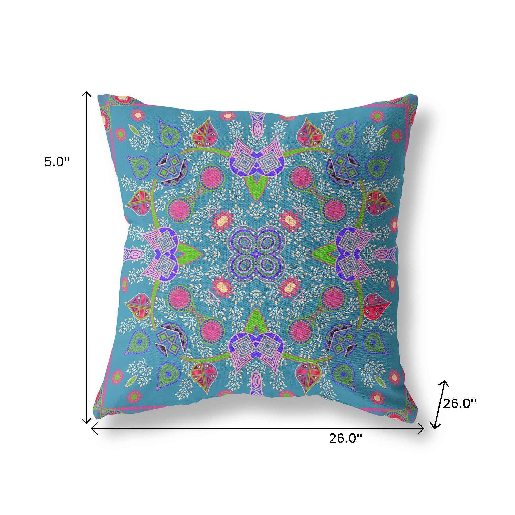 26" x 26" Blue and Green Blown Seam Paisley Indoor Outdoor Throw Pillow