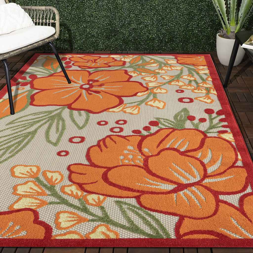 5' X 8' Orange And Ivory Handmade Indoor Outdoor Area Rug