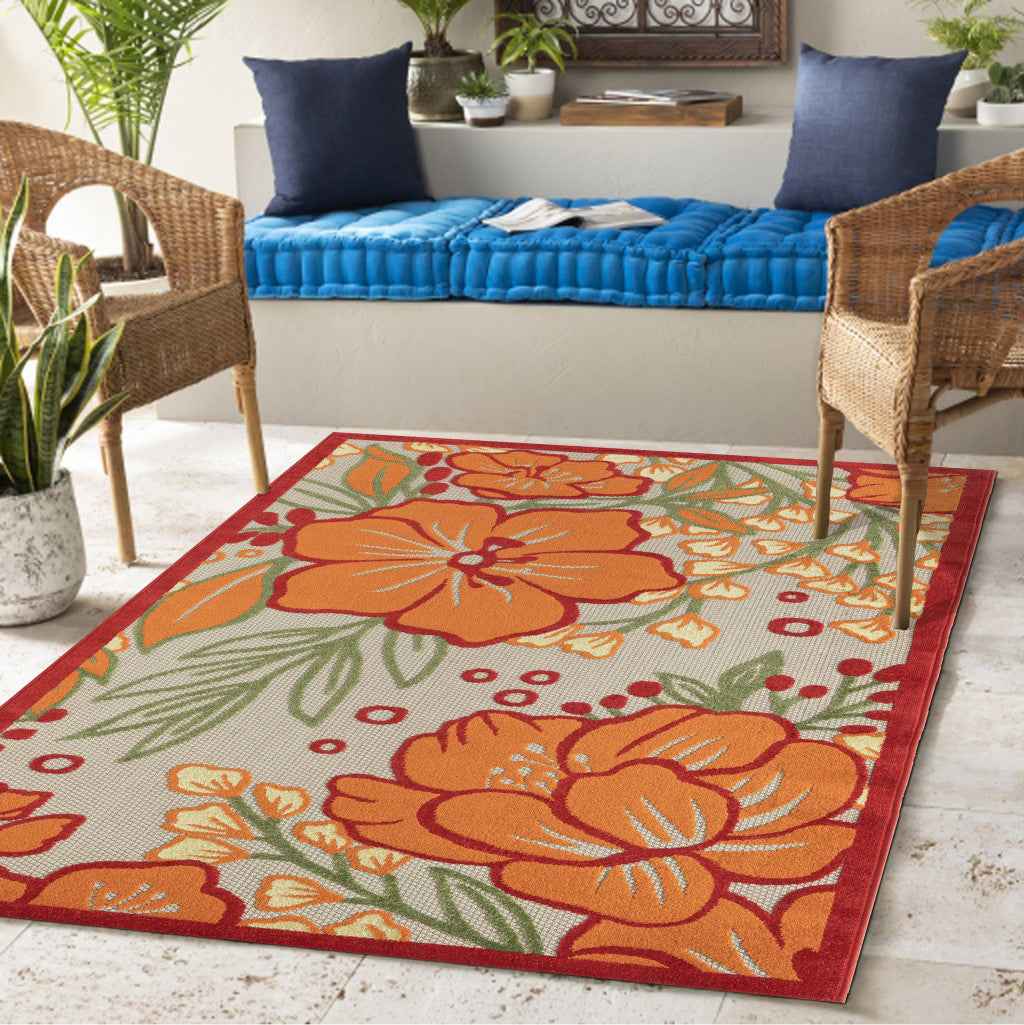 5' X 8' Orange And Ivory Handmade Indoor Outdoor Area Rug