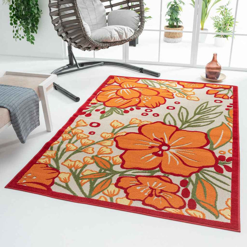 5' X 8' Orange And Ivory Handmade Indoor Outdoor Area Rug