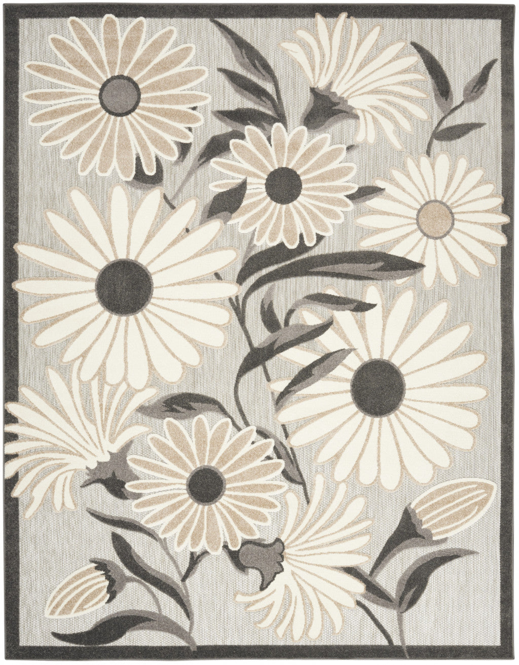 Square beige floral area rug featuring daisy blossoms with dark gray centers