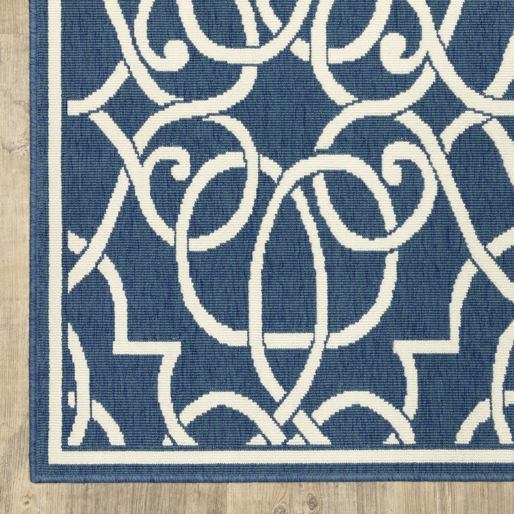 2' X 8' Blue and Ivory Geometric Stain Resistant Indoor Outdoor Area Rug - Outdoor