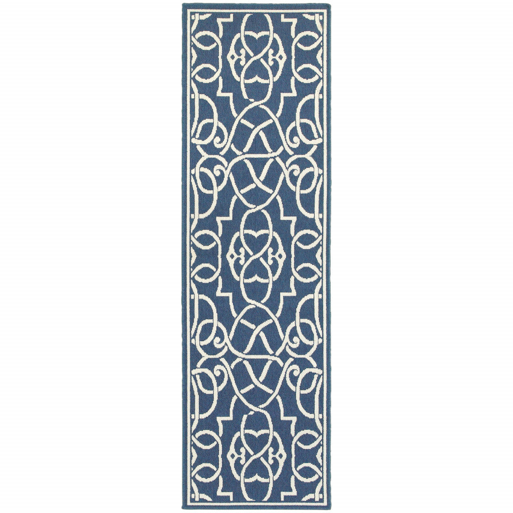 2' X 8' Blue and Ivory Geometric Stain Resistant Indoor Outdoor Area Rug - Outdoor