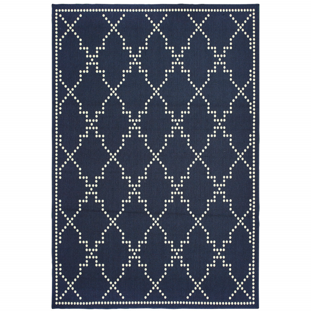 9' X 13' Blue and Ivory Geometric Stain Resistant Indoor Outdoor Area Rug - Outdoor