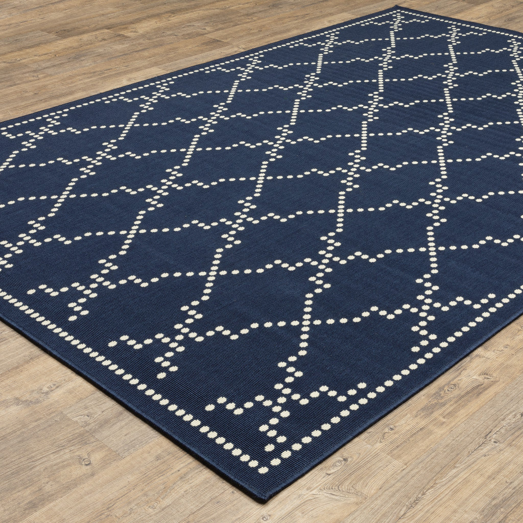 9' X 13' Blue and Ivory Geometric Stain Resistant Indoor Outdoor Area Rug - Outdoor