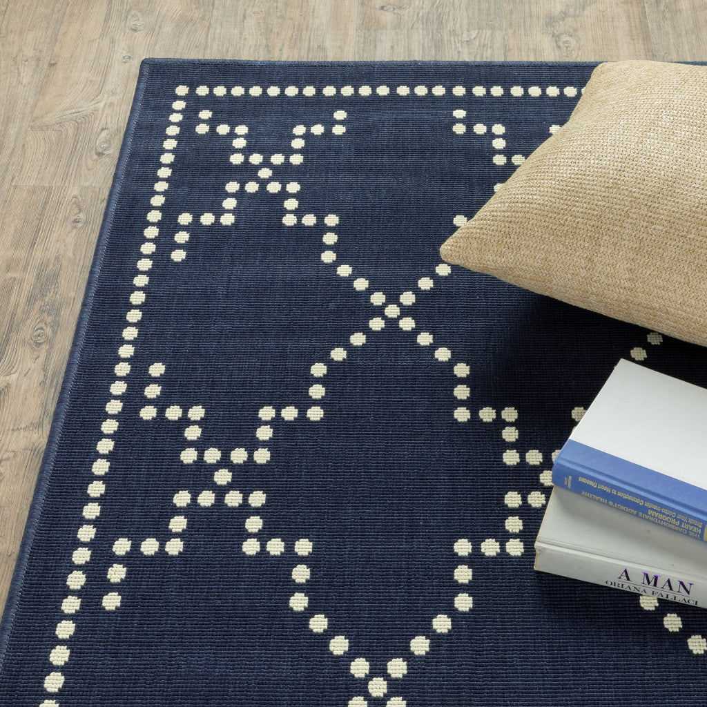 9' X 13' Blue and Ivory Geometric Stain Resistant Indoor Outdoor Area Rug - Outdoor