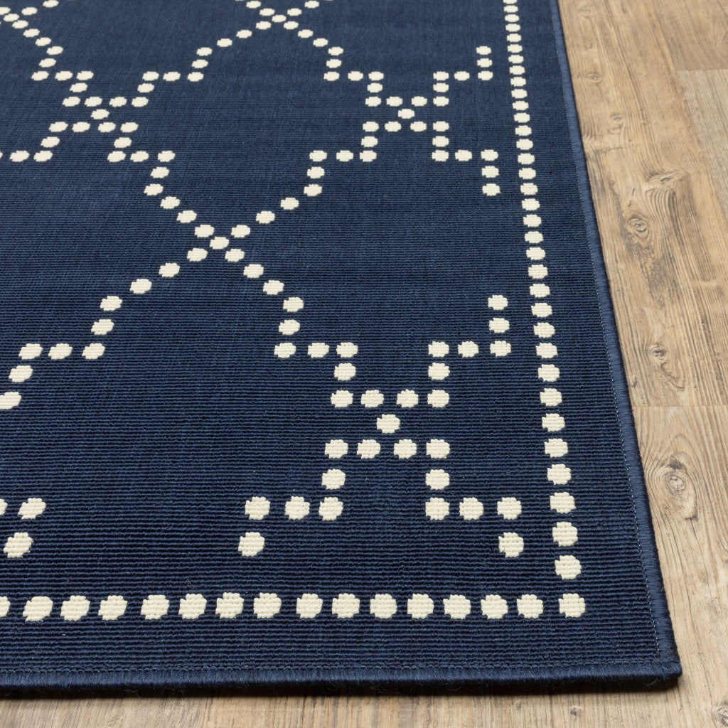 2' X 8' Blue and Ivory Geometric Stain Resistant Indoor Outdoor Area Rug - Outdoor