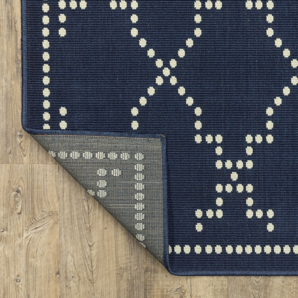 2' X 8' Blue and Ivory Geometric Stain Resistant Indoor Outdoor Area Rug - Outdoor