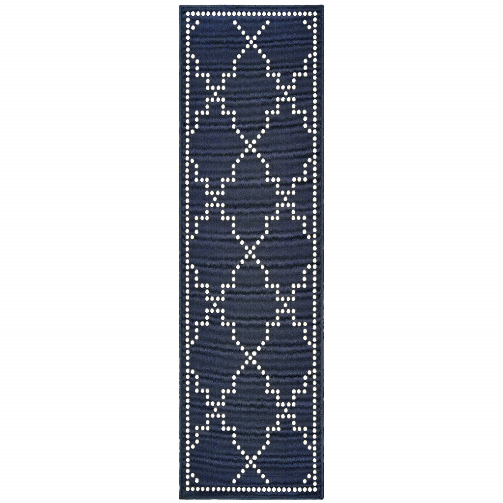 2' X 8' Blue and Ivory Geometric Stain Resistant Indoor Outdoor Area Rug - Outdoor