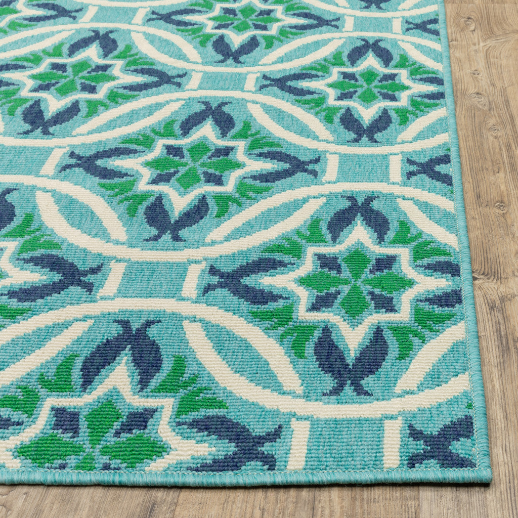 2' X 8' Blue and Green Geometric Stain Resistant Indoor Outdoor Area Rug - Outdoor