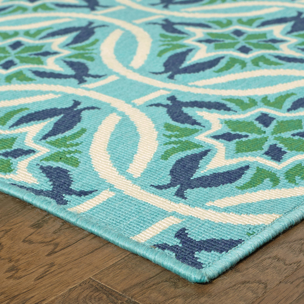 2' X 8' Blue and Green Geometric Stain Resistant Indoor Outdoor Area Rug - Outdoor