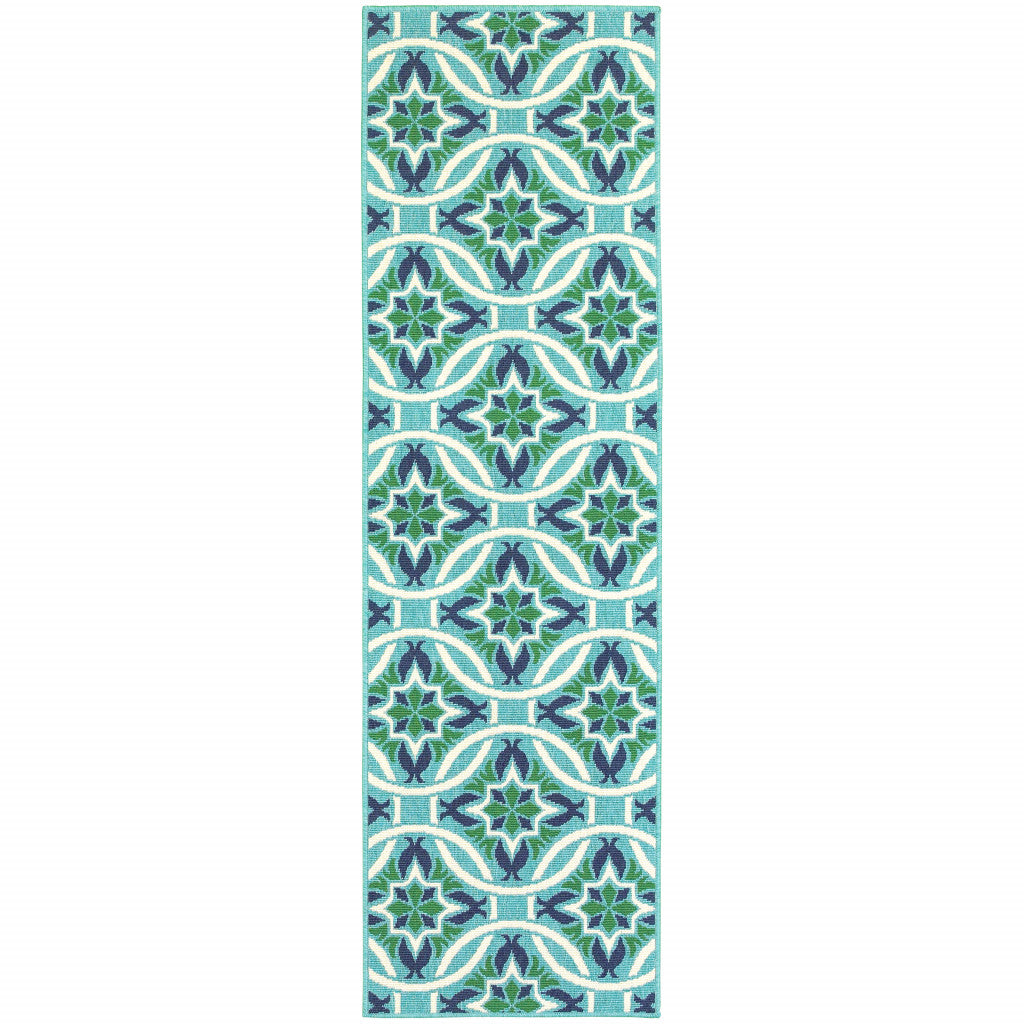 2' X 8' Blue and Green Geometric Stain Resistant Indoor Outdoor Area Rug - Outdoor