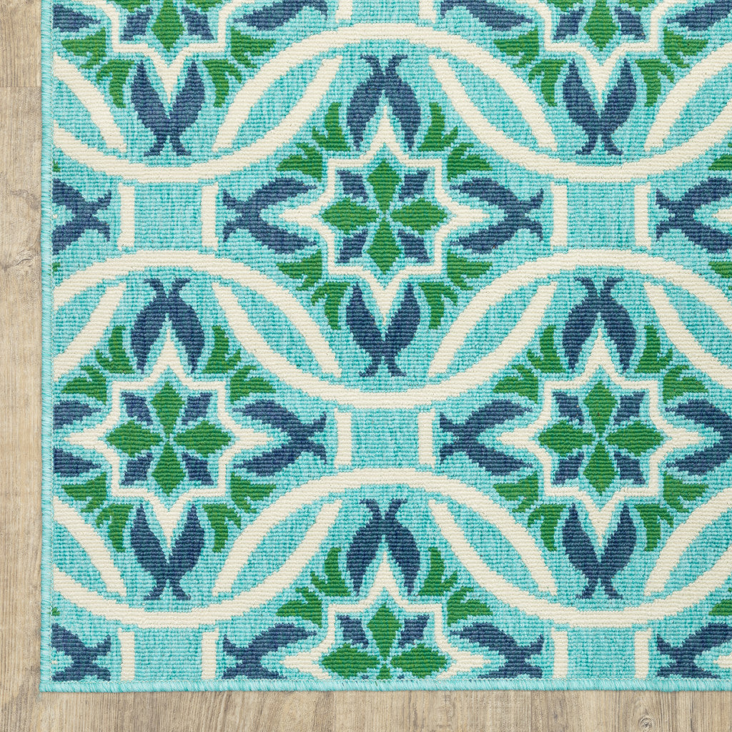2' X 8' Blue and Green Geometric Stain Resistant Indoor Outdoor Area Rug - Outdoor