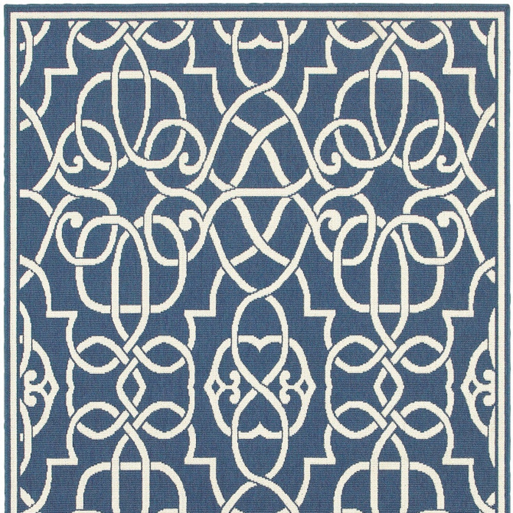9' X 13' Blue and Ivory Geometric Stain Resistant Indoor Outdoor Area Rug - Outdoor