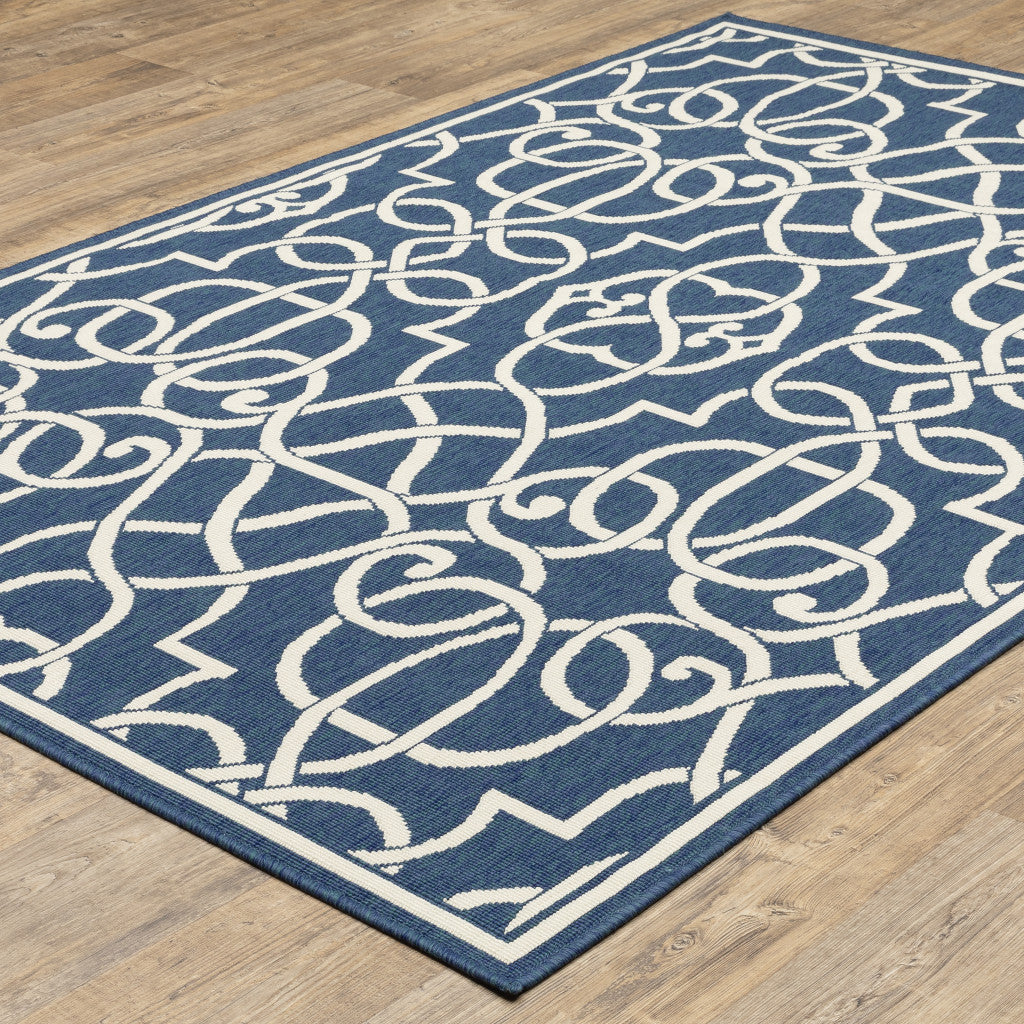 9' X 13' Blue and Ivory Geometric Stain Resistant Indoor Outdoor Area Rug - Outdoor