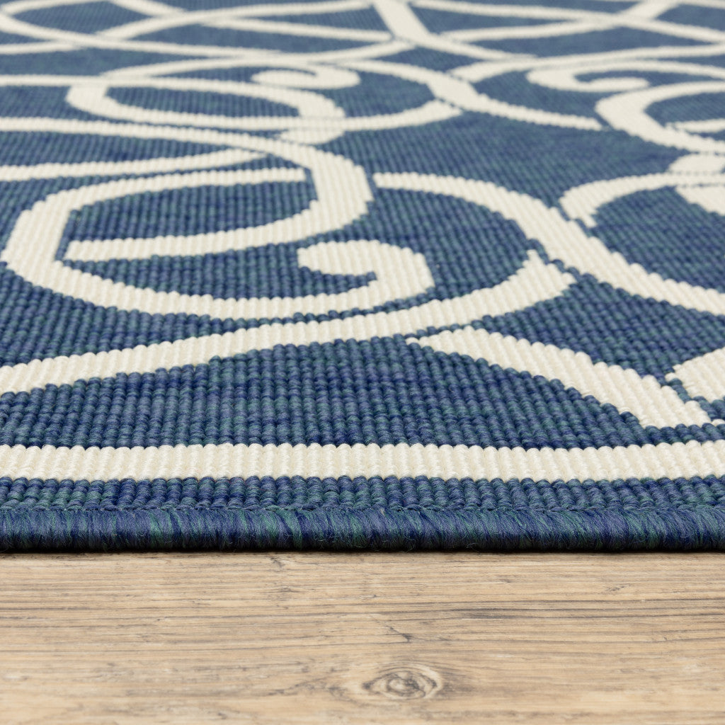 9' X 13' Blue and Ivory Geometric Stain Resistant Indoor Outdoor Area Rug - Outdoor