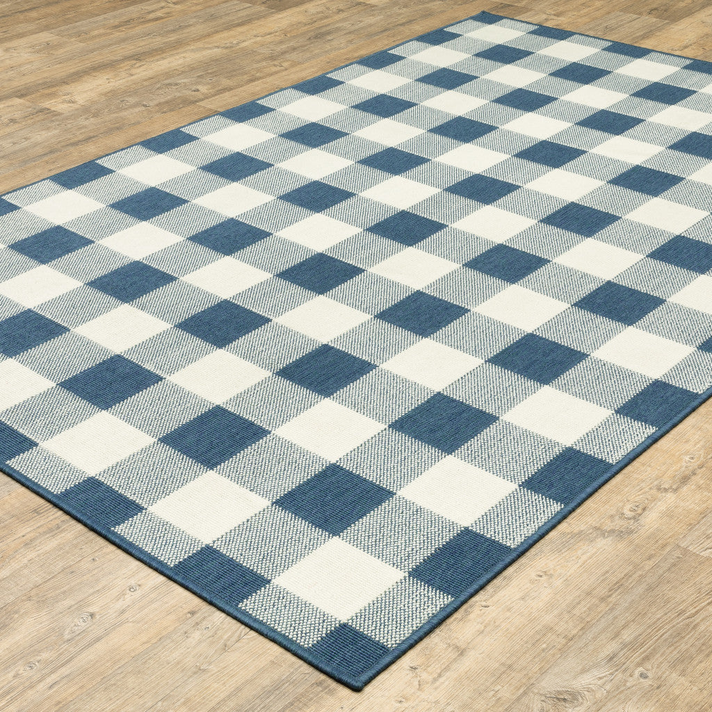 8' X 11' Blue and Ivory Geometric Stain Resistant Indoor Outdoor Area Rug - Outdoor