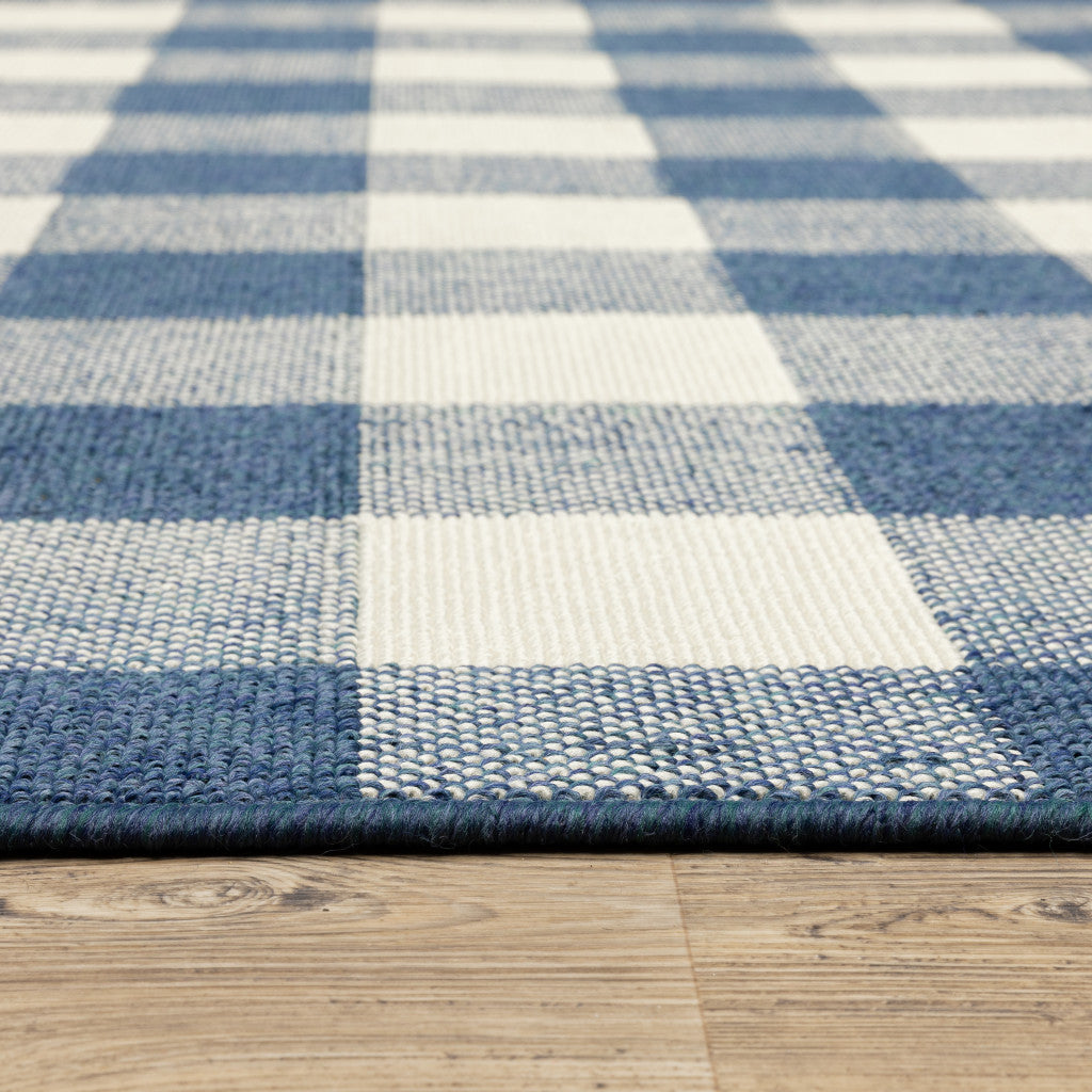 8' X 11' Blue and Ivory Geometric Stain Resistant Indoor Outdoor Area Rug - Outdoor